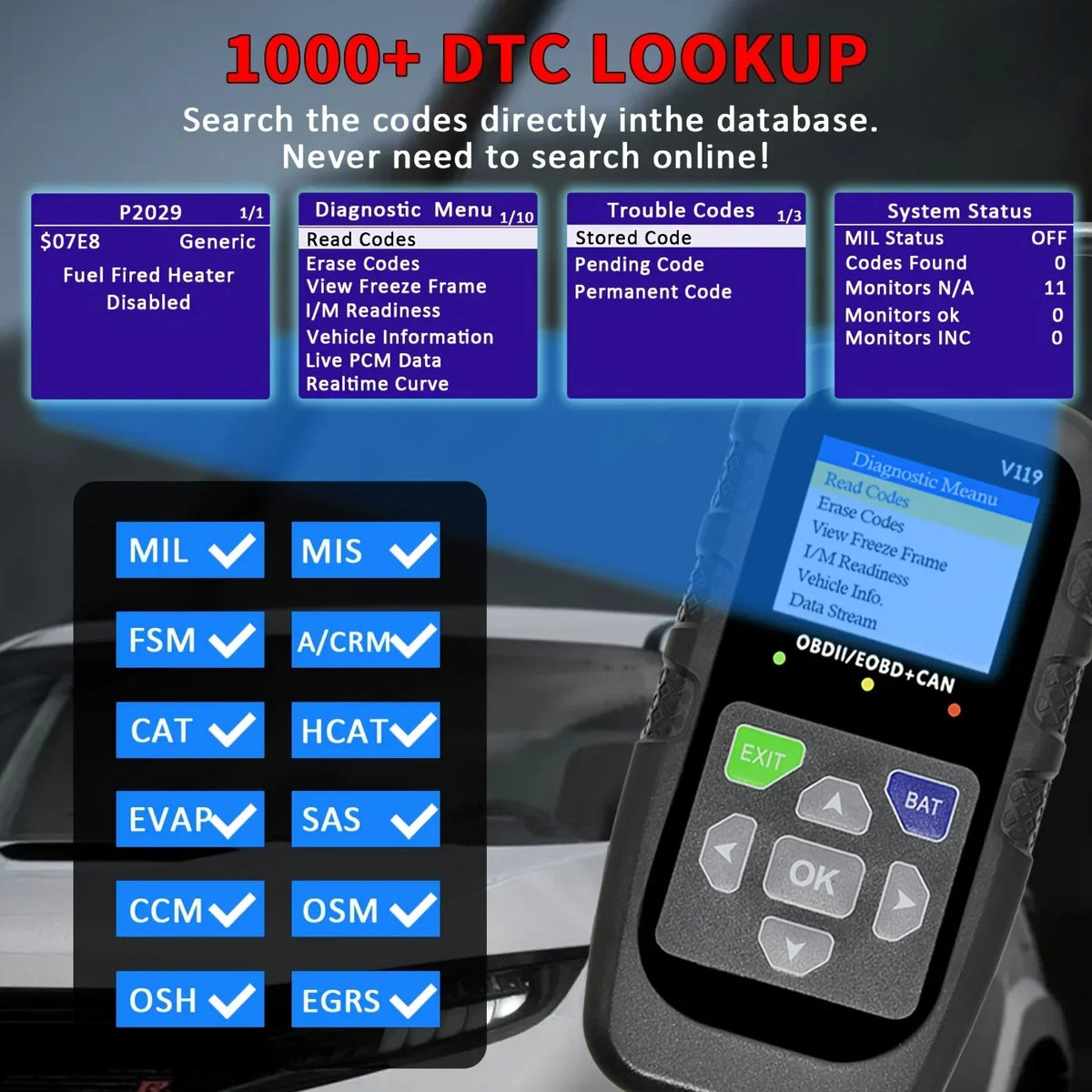 OBD2 Car Diagnostic Tool V119 – Engine Fault Code Reader
