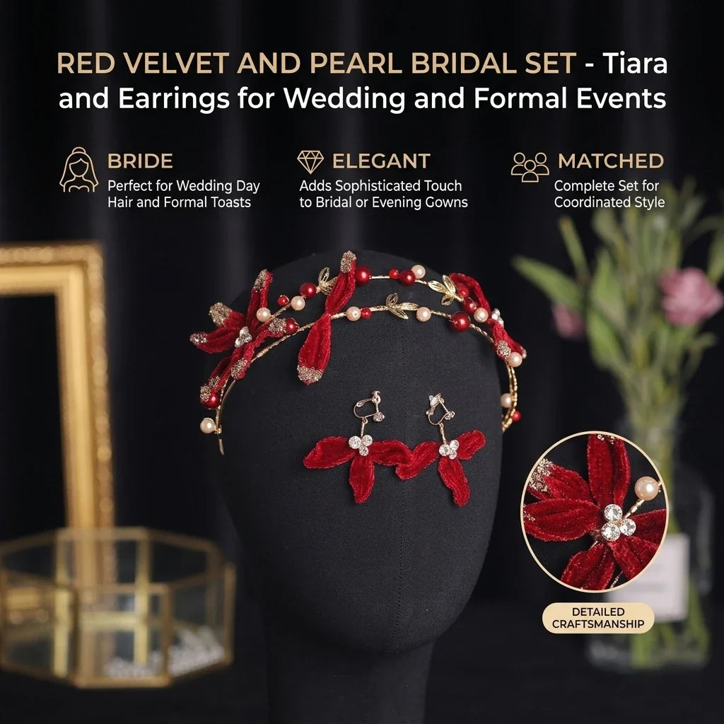 Red Velvet Bridal Headband & Earring Set | Chinese Wedding