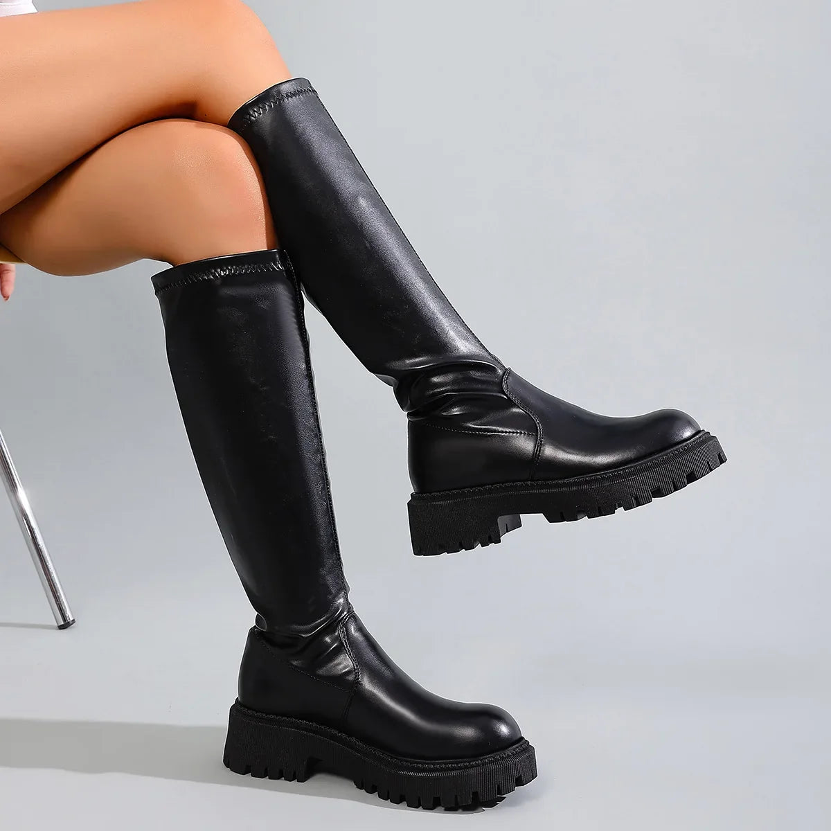 Women's Square Heel Knee-High Boots – Slip-On Faux Leather