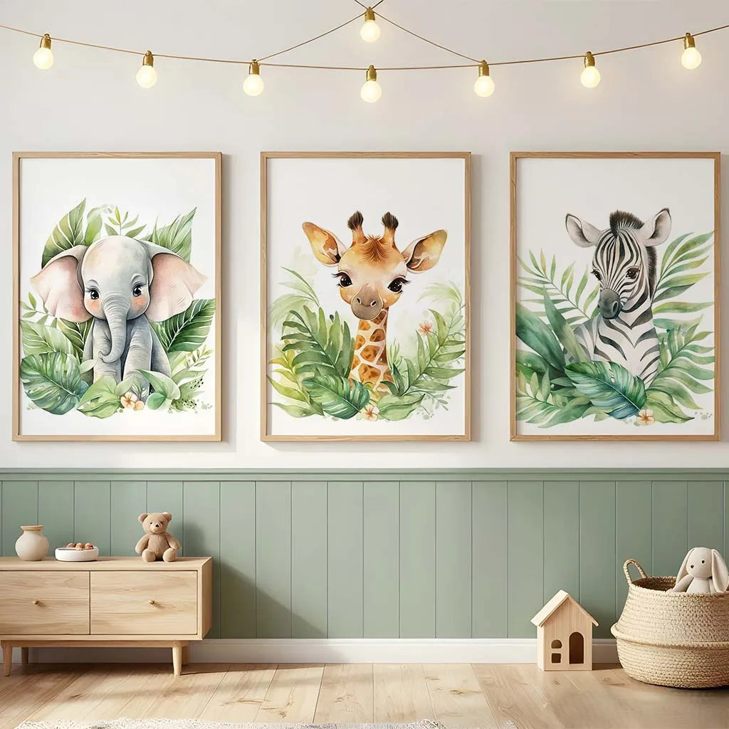 Safari Animal Canvas Wall Art | Nursery Giraffe Elephant Zebra Print