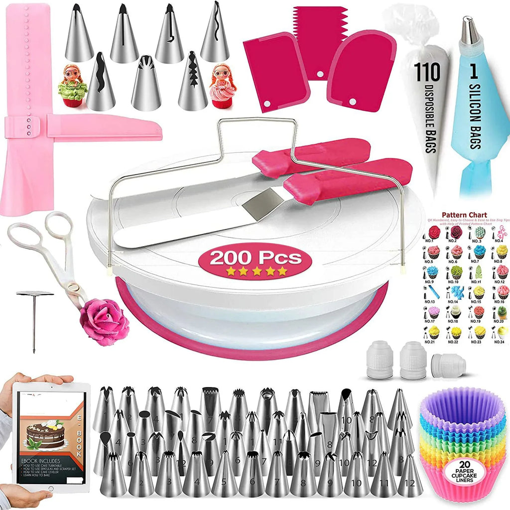 200-Piece Cake Decorating Kit – Turntable, Piping Tips & More