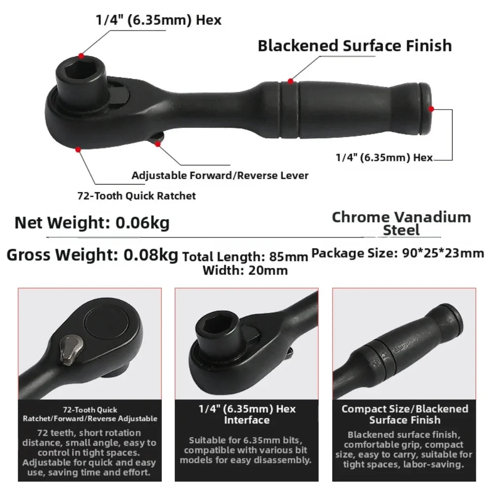 72-Tooth Mini Ratchet Wrench | 1/4" Hex Socket Hand Tool