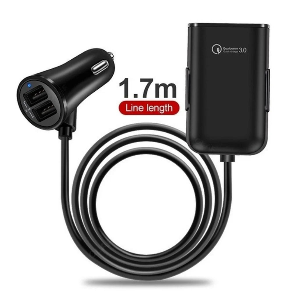 4-Port USB Car Charger QC3.0 Fast Charging – Front & Back Seat
