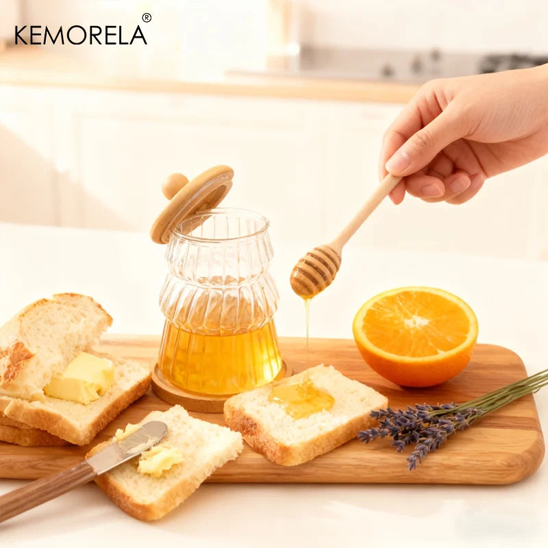 KEMORELA Glass Honey Jar Set with Wooden Stir Stick & Lid