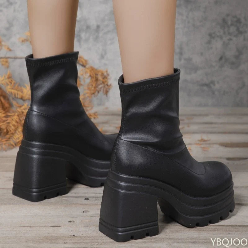 Women's Platform Block Heel Mid-Calf Boots – Zip, Large Size