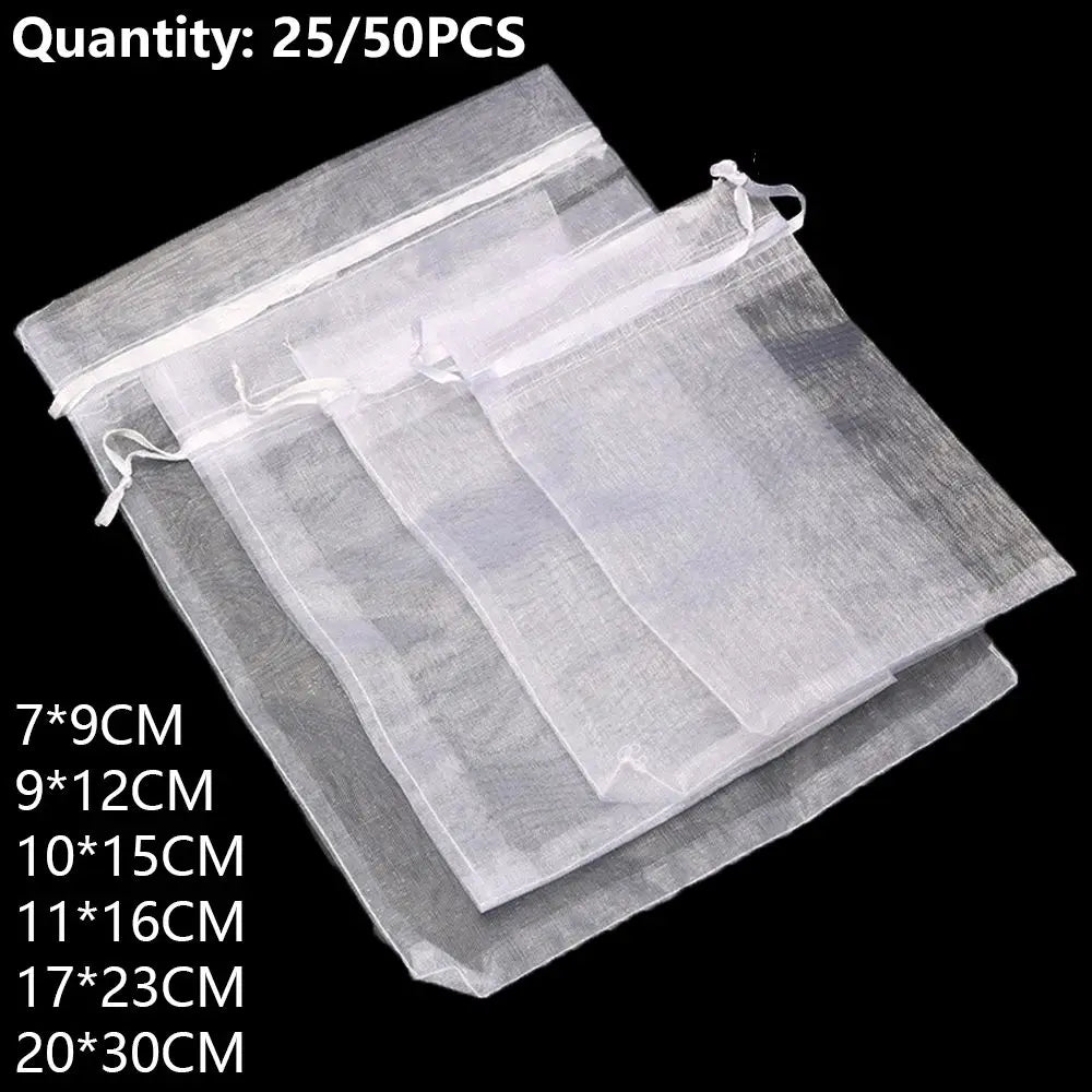 White Organza Drawstring Gift Bags 25/50 Pack – Party Pouches