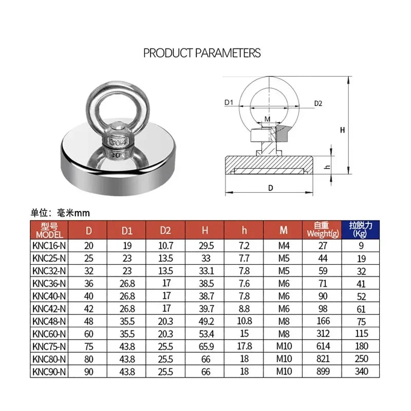 N52 Neodymium Fishing Magnet | Strong Search Hook 9–61kg