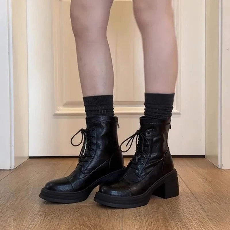 Women's Lace-Up Ankle Boots | Block Heel Back Zipper