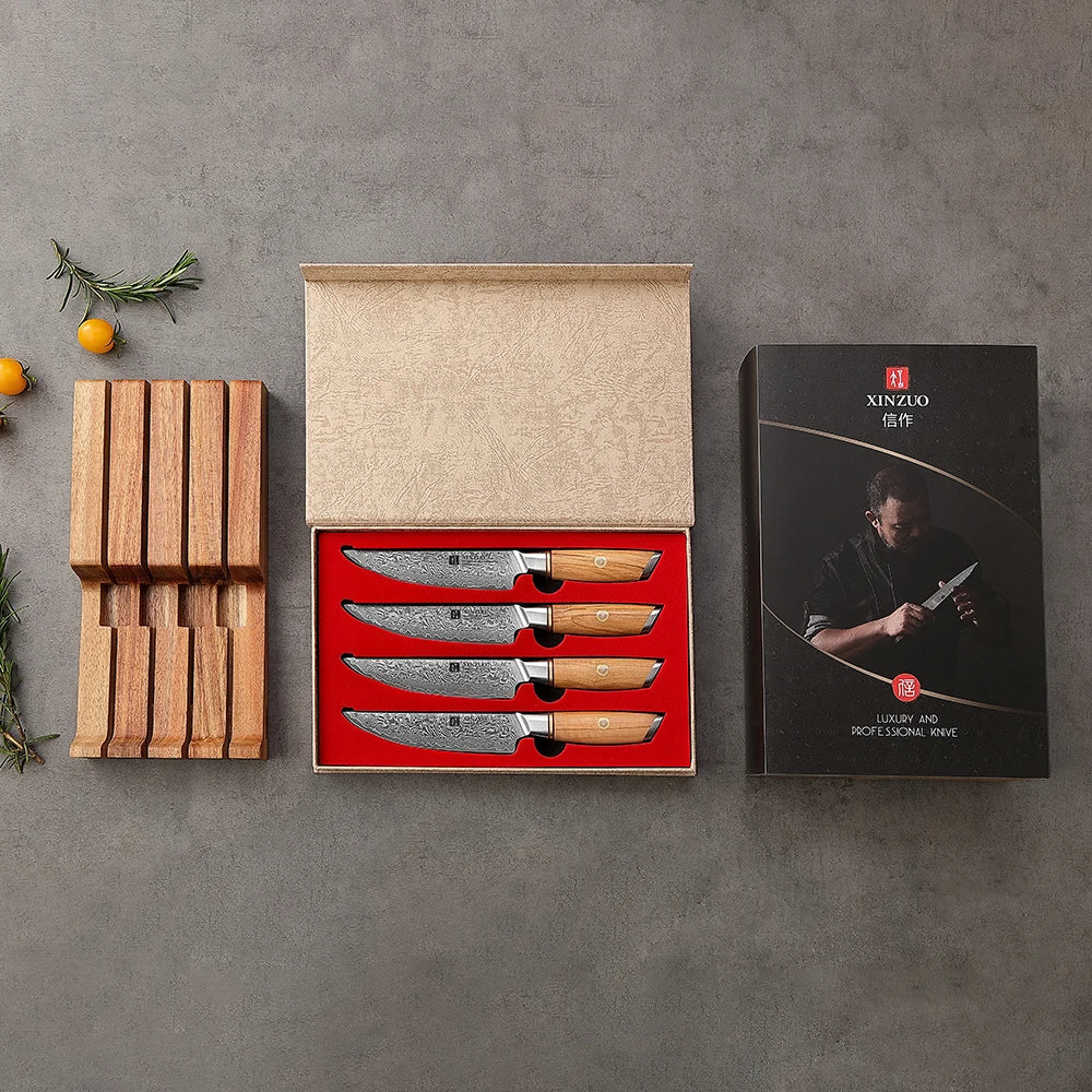 XINZUO 5-Pc Damascus Steak Knife Set | Olive Wood & Acacia Tray