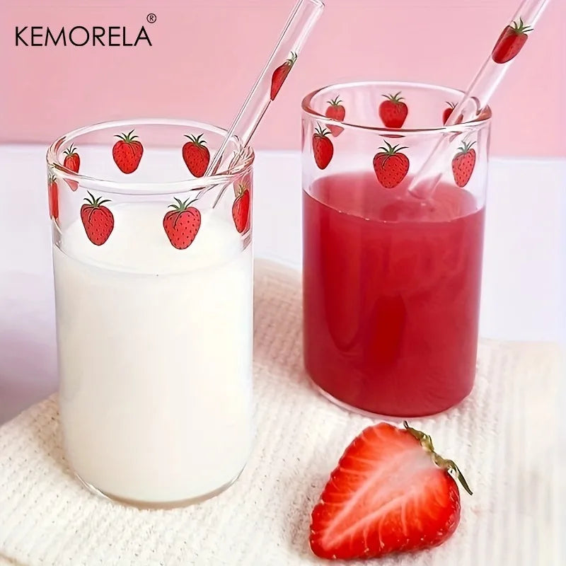 Cute Strawberry Glass Cup with Straw 300ml | KEMORELA Mug