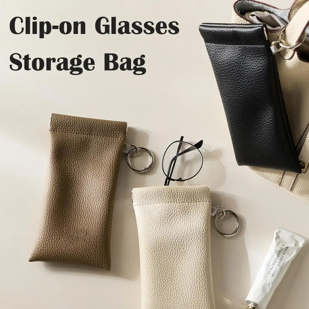 Snap-Shut Leather Glasses Pouch with Keyring & Lens Cloth
