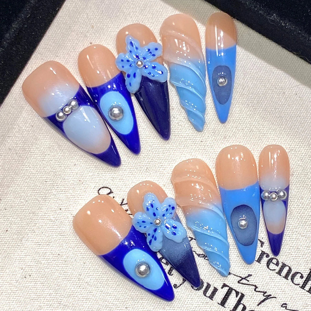 Press-On Nails Sea Blue Starfish 3D Pearl Long Pointed French Tips