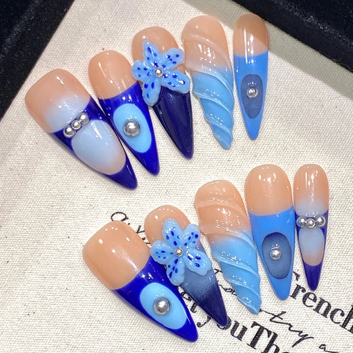 Press-On Nails Sea Blue Starfish 3D Pearl Long Pointed French Tips