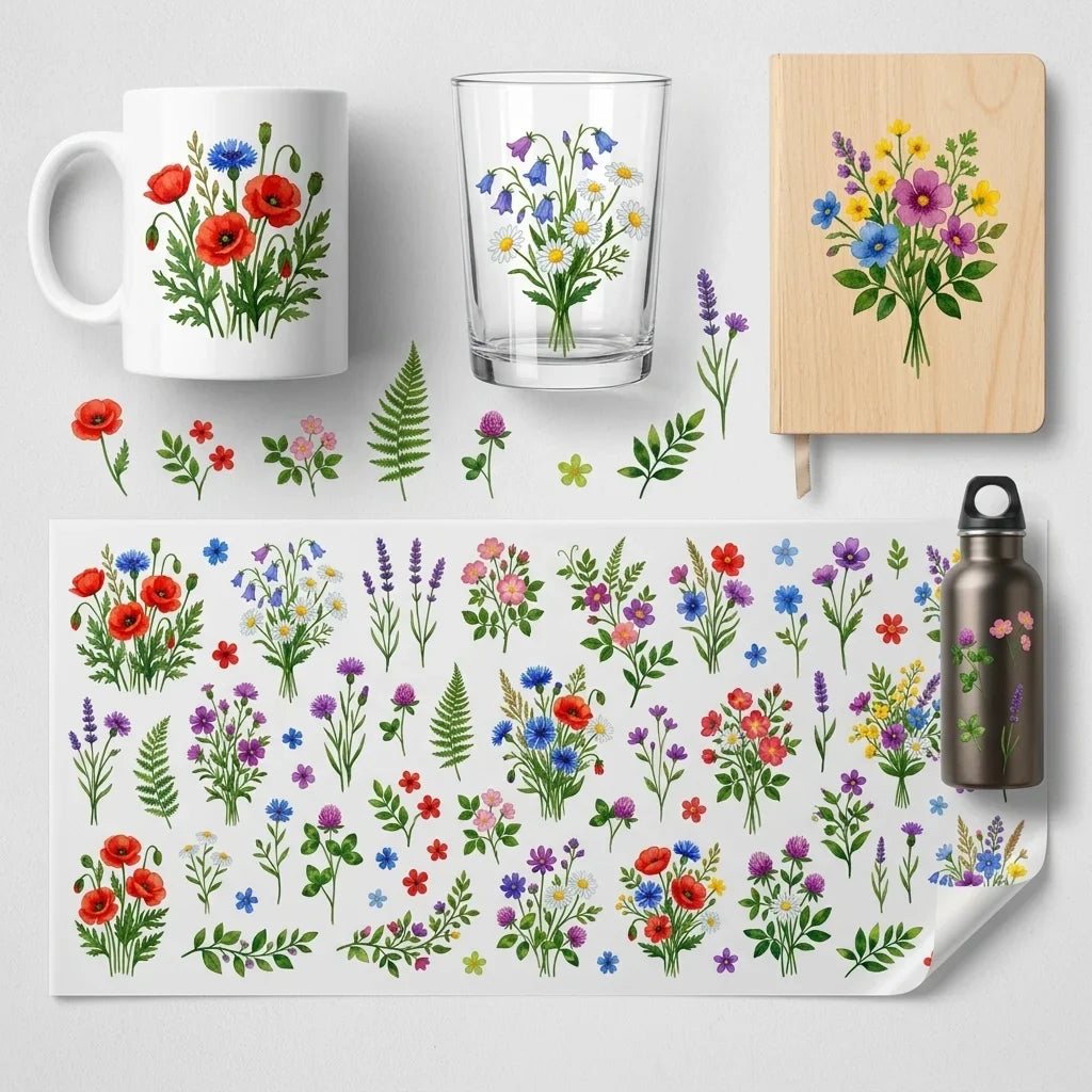 Watercolor Wildflower UV Transfer Stickers | Floral Rub-On Decals