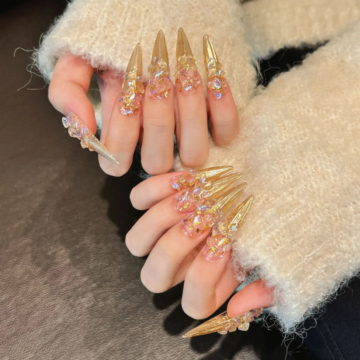 Handmade Gold Foil Rhinestone Press-On Nails | Long Stiletto