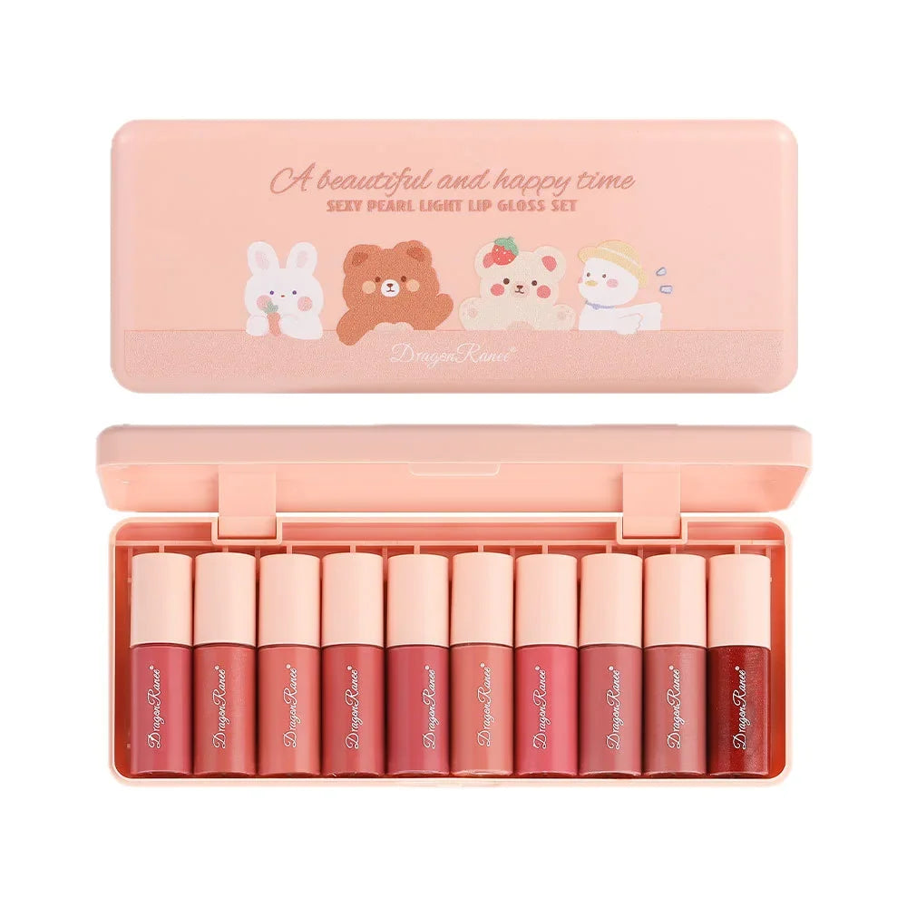 10-Color Cartoon Lip Gloss Set – Waterproof Mirror Finish Glaze