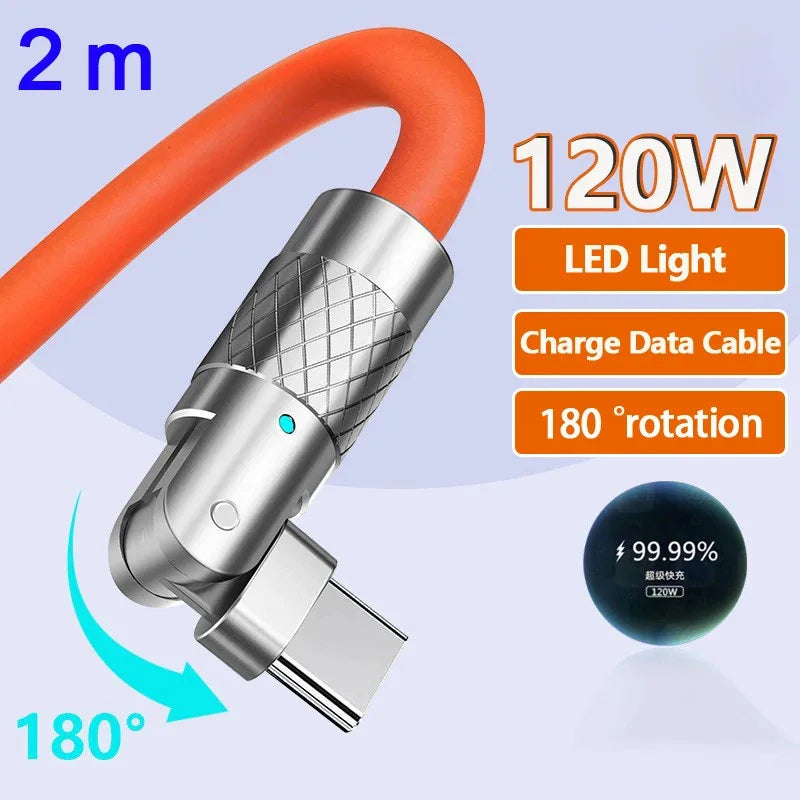 120W 6A 180° Rotating USB-C Fast Charge Gaming Cable – Silicone