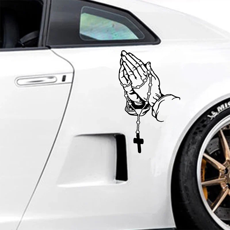 Praying Hands Rosary Car Sticker – Waterproof Religious Decal