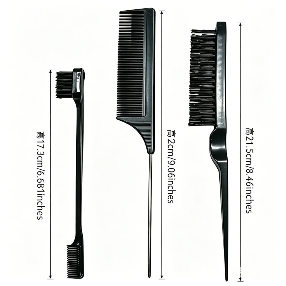 3-Piece Hairdressing Brush Kit – Teasing, Edge & Braiding Combs
