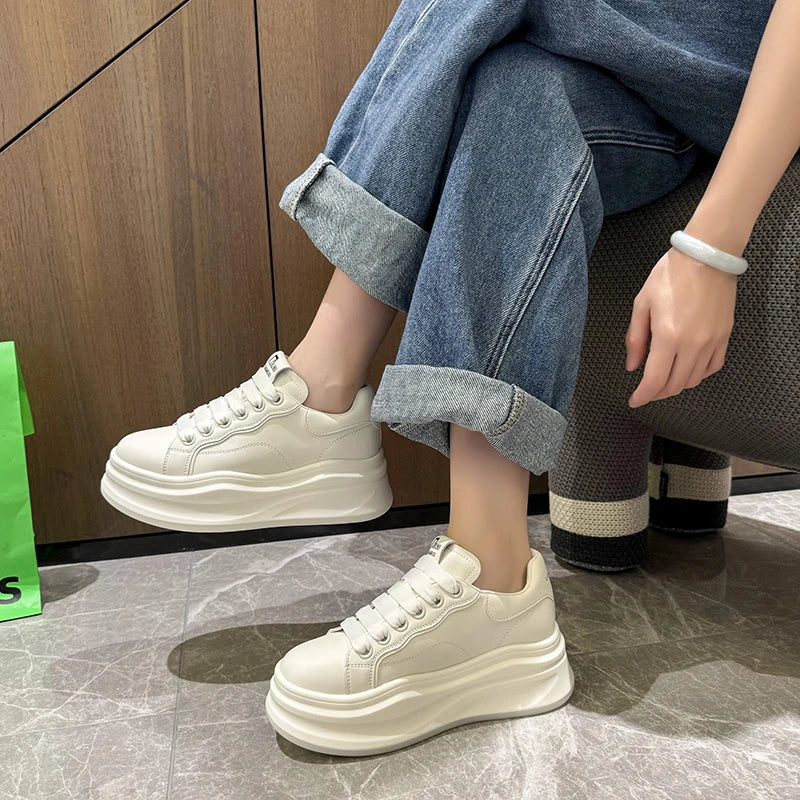 Women's White Platform Sneakers – PU Leather Lace-Up Flats