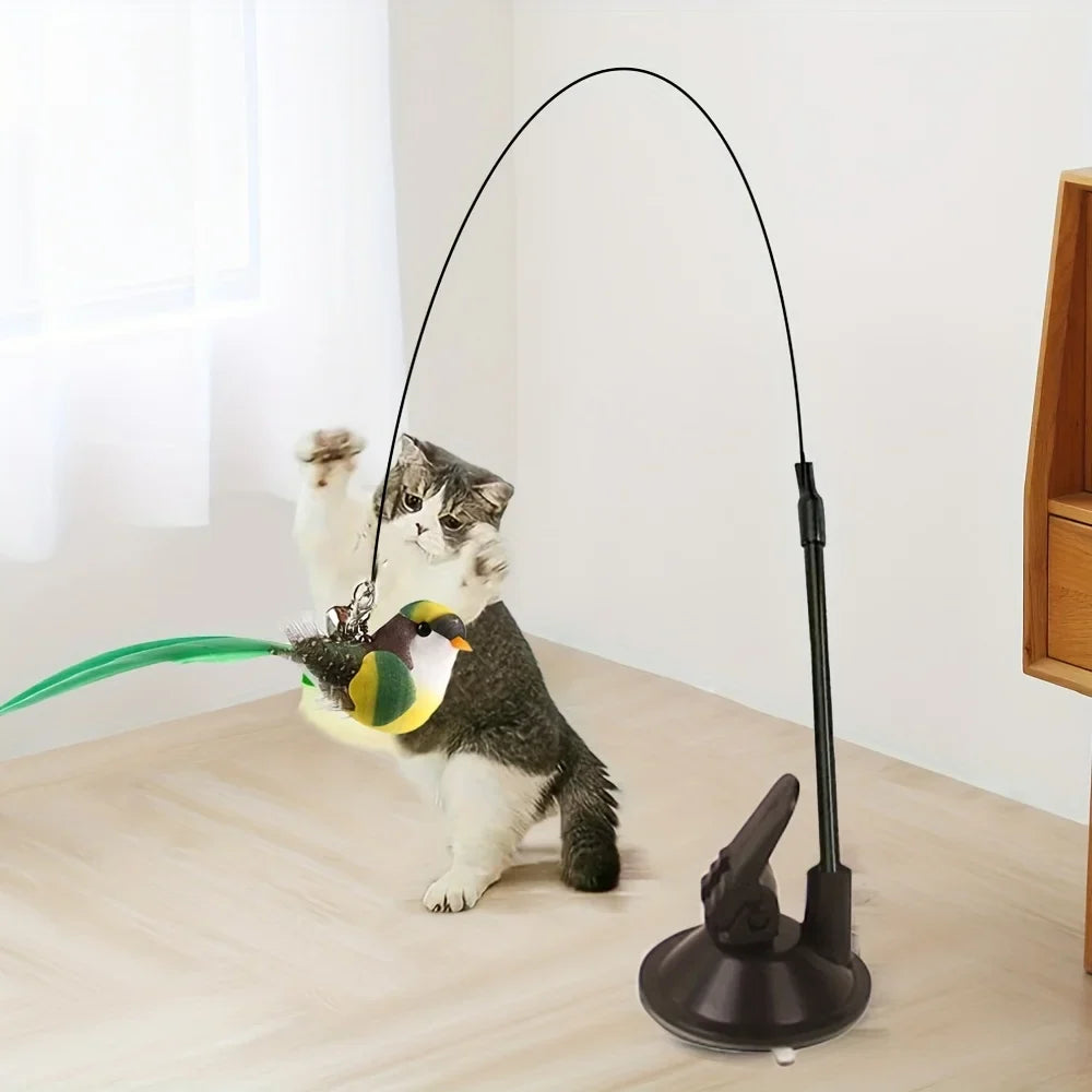 Cat Feather Wand Toy – Steel Wire Long Pole Kitten Teaser
