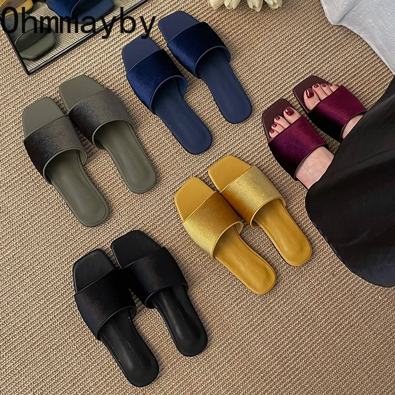 Vintage Velvet Square Toe Women's Flat Slip-On Slides | ohmmayby