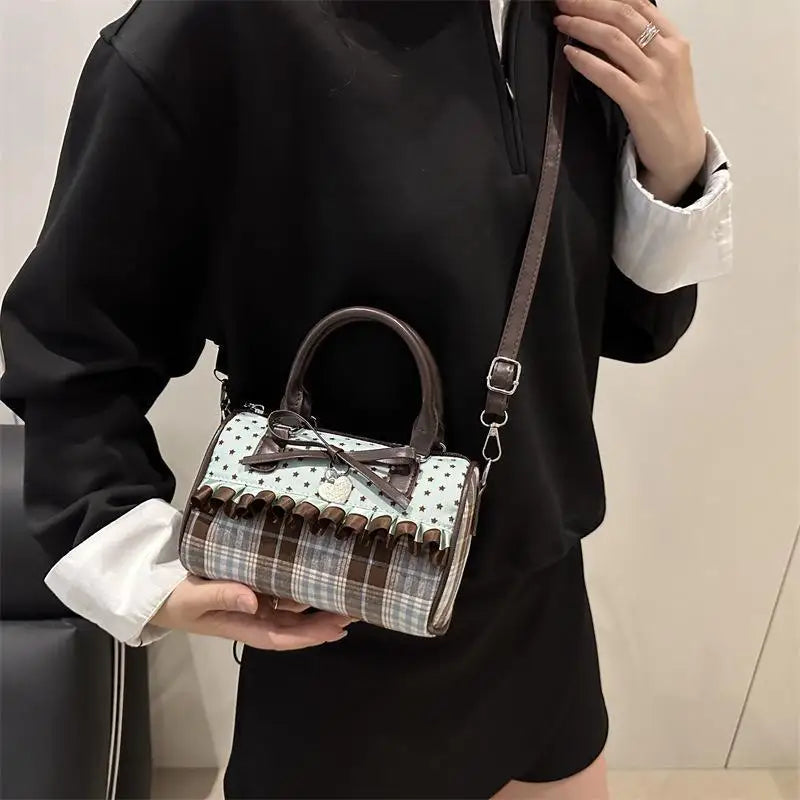 Kawaii Cylinder Crossbody Bag – Retro Bow Polka Dot Shoulder Bag