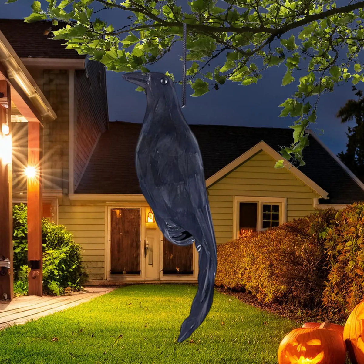 Hanging Crow Decoy with Feathers | Halloween Garden Bird Prop