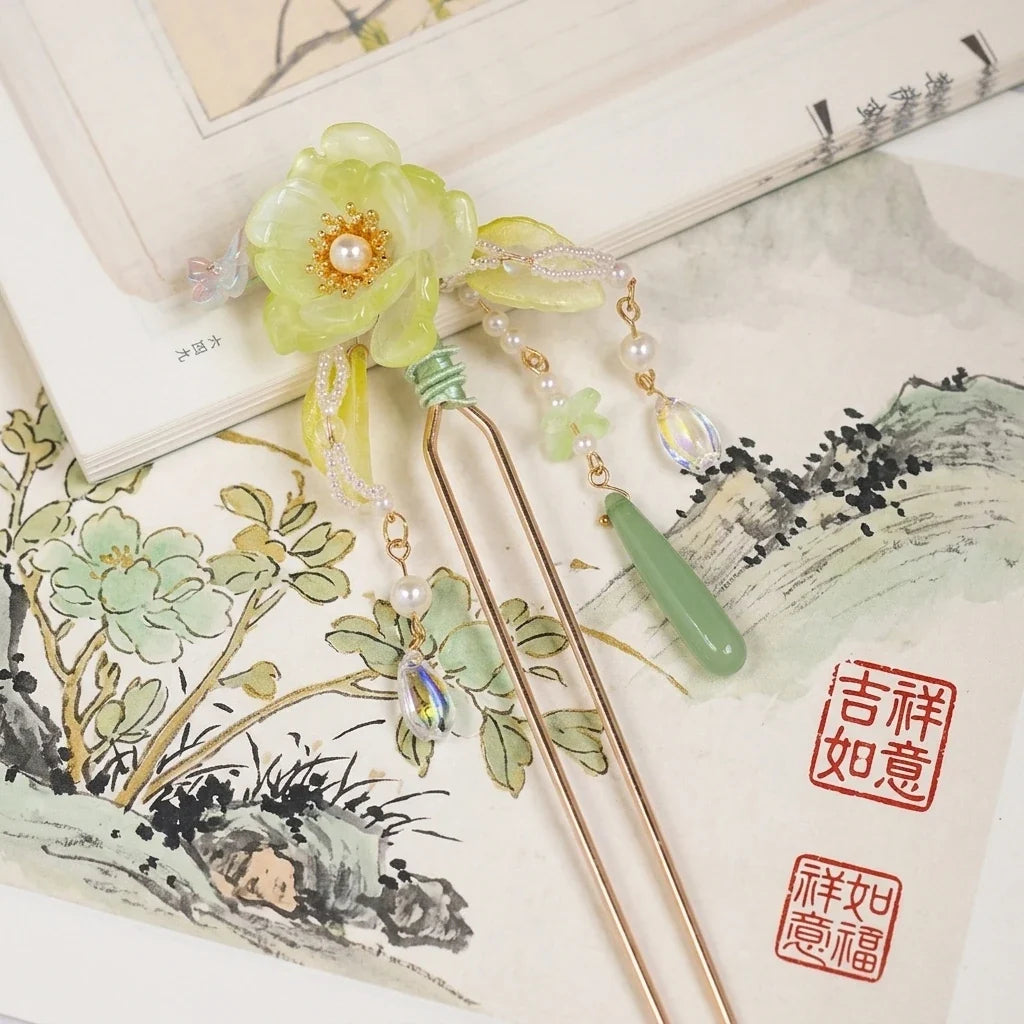 Green Hanfu Hairpin | Alloy Tassel Floral Hair Stick
