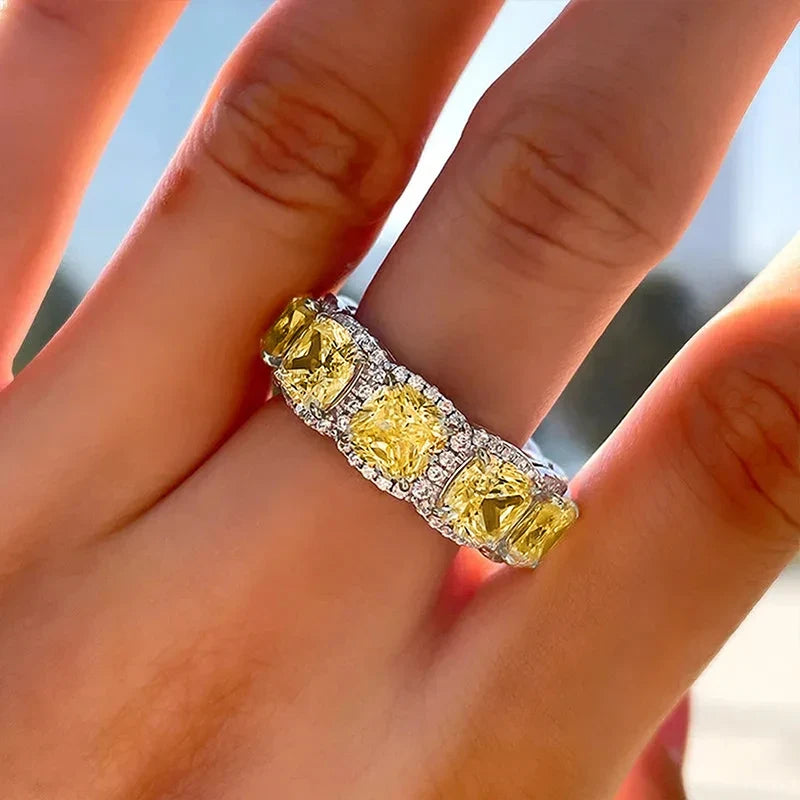 Huitan Yellow Cubic Zirconia Women's Ring – Silver Wedding Band
