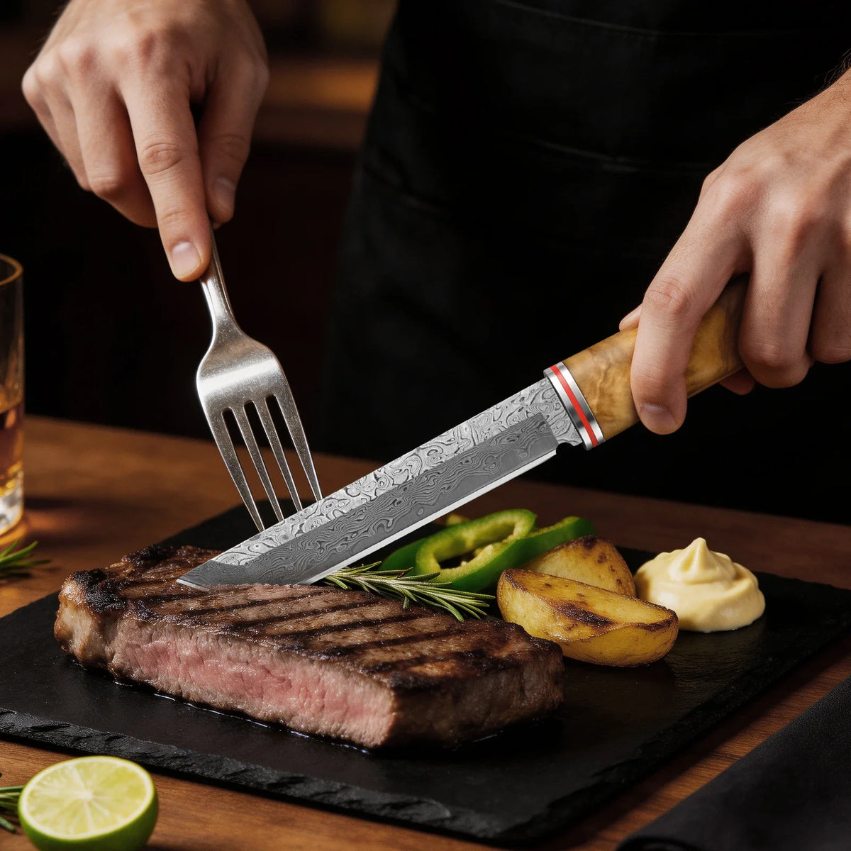 PLYS Damascus Steel Chef Knife – 9.5" Wood Handle Carving Knife
