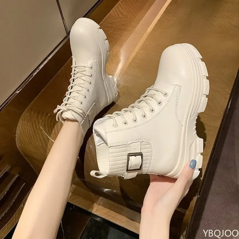 Women's Belt Buckle Ankle Boots – Soft Sole Lace-Up Shoes