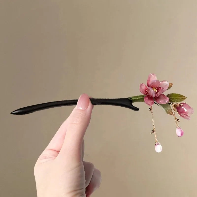 Chinese Floral Hair Stick – Pink Flower Tassel Hanfu Hairpin