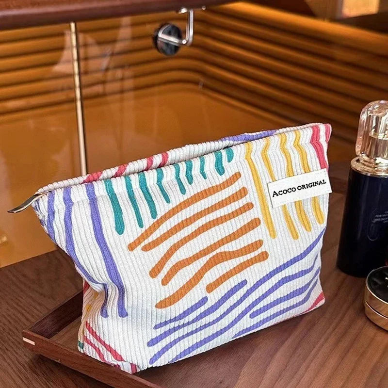 Colorful Stripes Corduroy Cosmetic Bag | Travel Toiletry Bag