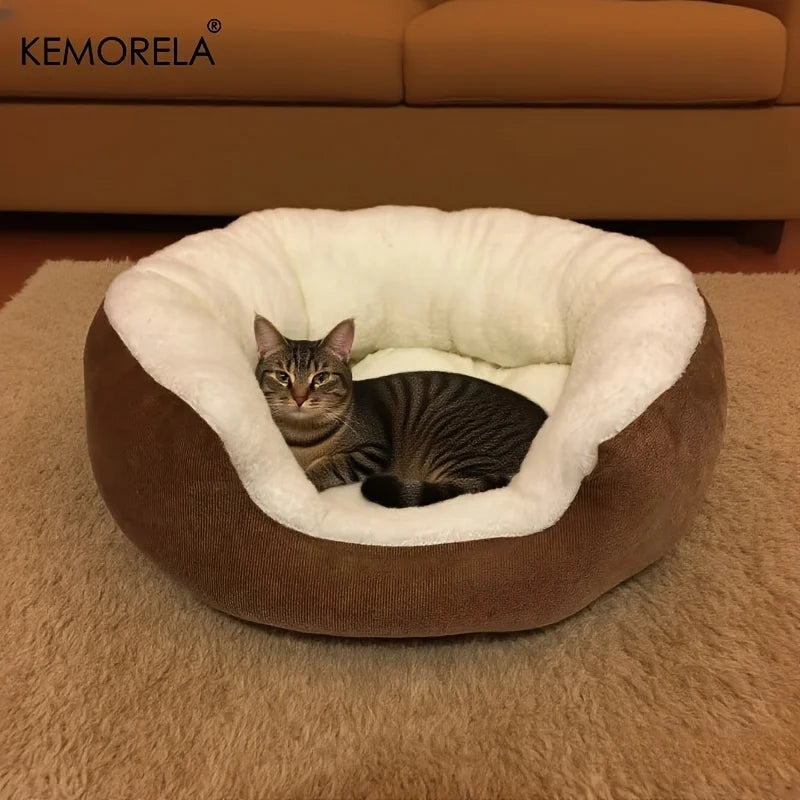 KEMORELA Plush Pet Bed with Backrest – Cat & Small Dog Bed