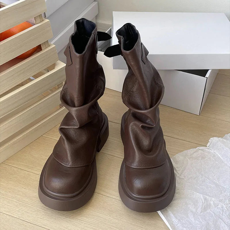Women's Chunky Platform Mid-Calf Boots | Retro British Style