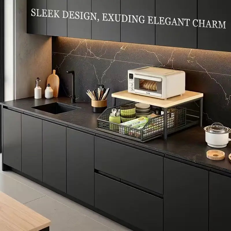 Metal & Wood Microwave Rack with Pull-Out Drawer | Kitchen Organizer