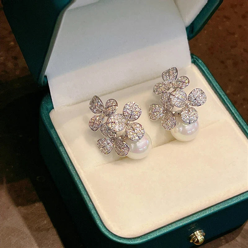 Huitan Flower Drop Earrings – Pearl & Cubic Zirconia Jewelry