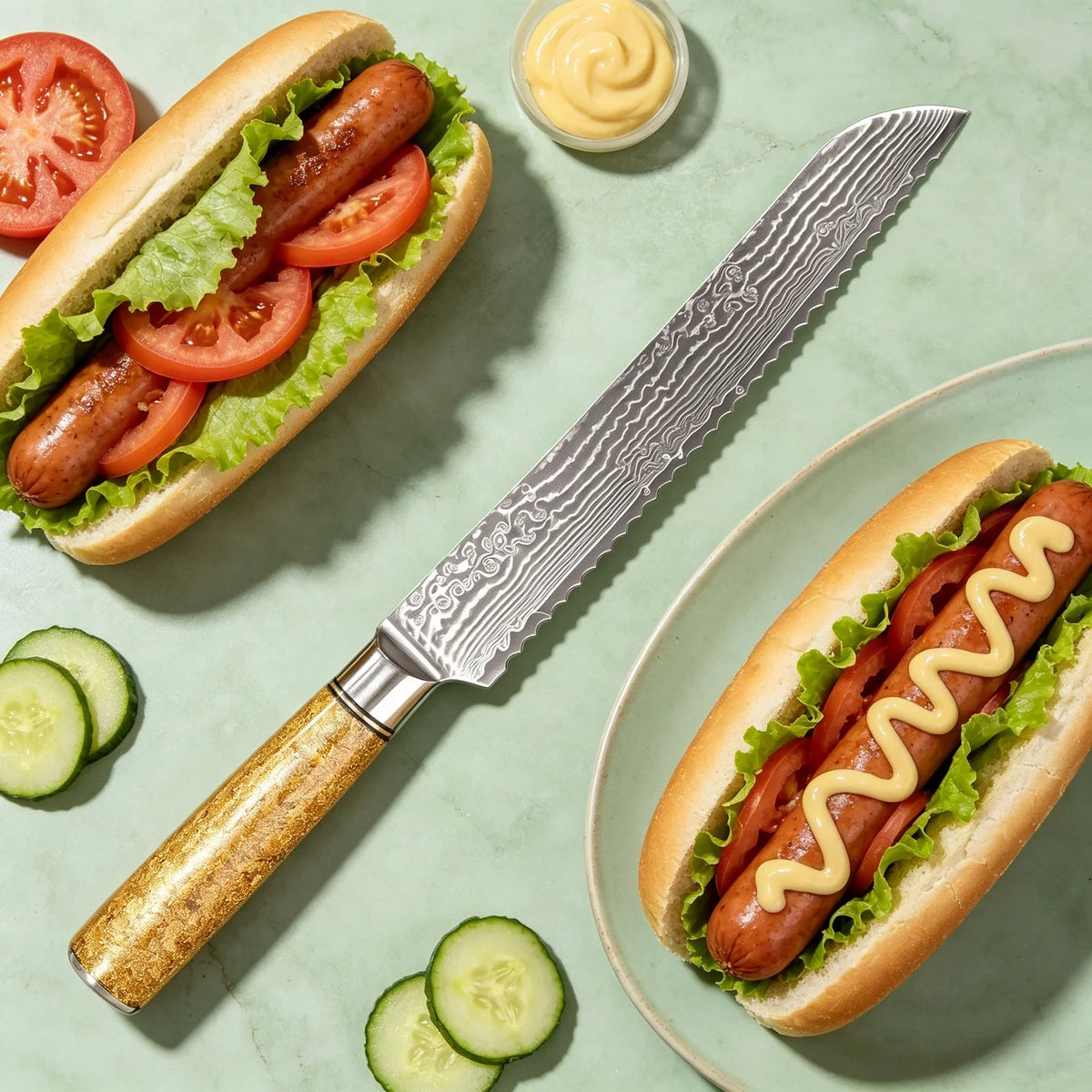 Damascus Steel 67-Layer Serrated Bread Knife – Sharp 19.5cm