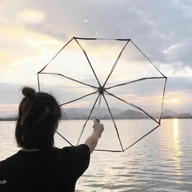 Korean Transparent Folding Umbrella – Auto Open & Close, 3-Fold