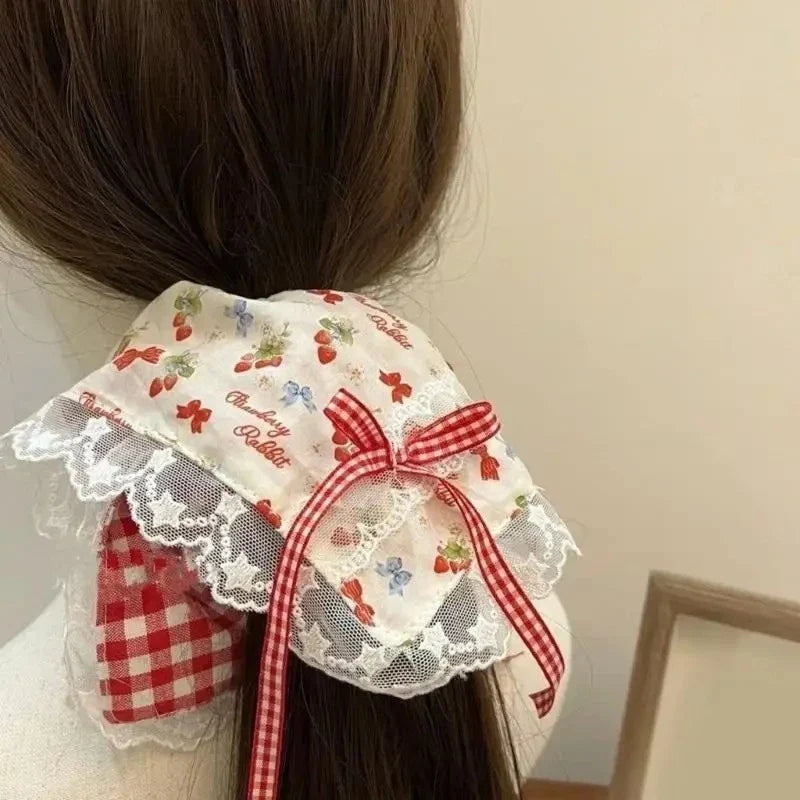 Lace Plaid Heart Ribbon Hair Scrunchie & Bandana for Women