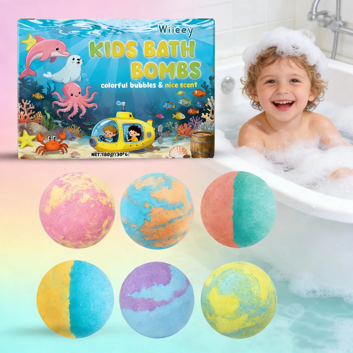 Kids Fizzy Bath Bombs Set – 6 Colorful Moisturizing Spa Balls