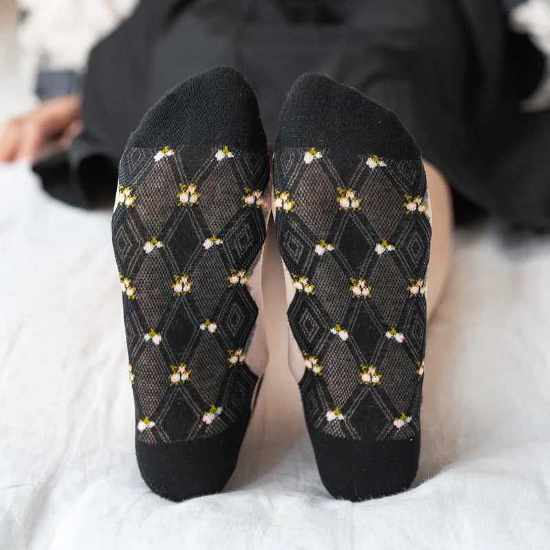 Women's Lace Floral Ankle Socks – 5 Pairs Breathable Cotton
