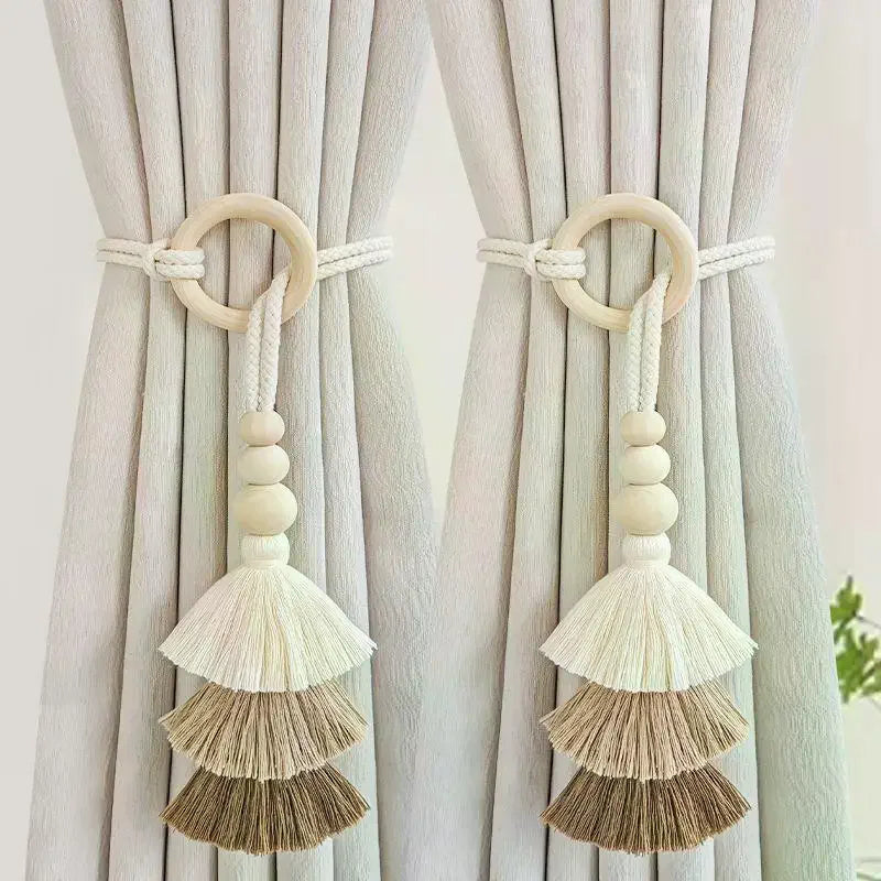 1 Tassel Curtain Tie Backs Wooden Bead Tiebacks Bohemian Clasp Home