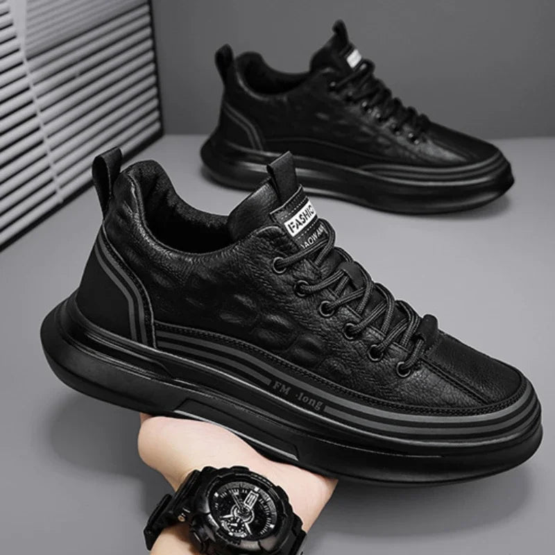 YBQJOO Men's Black Platform Sneakers – Casual Lace-Up Shoes