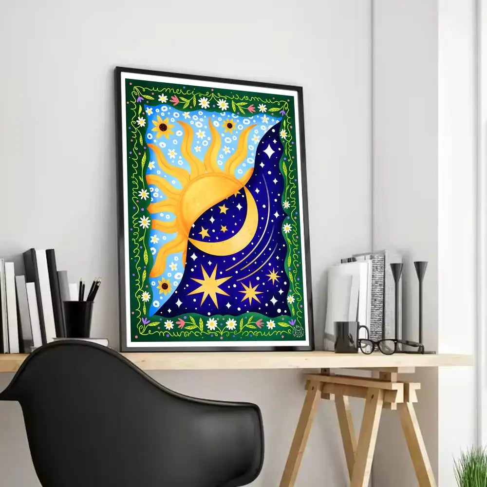 Sun Moon Elegant Canvas Wall Art – Vintage Floral Poster Print