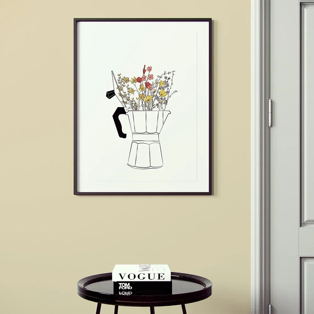 Coffee Lover Canvas Wall Art | Nordic Floral Cup Print Poster