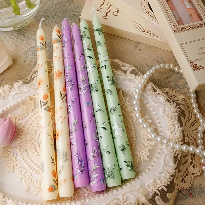 French Rose Printed Soy Wax Taper Candles – Set of 2 | Home Décor