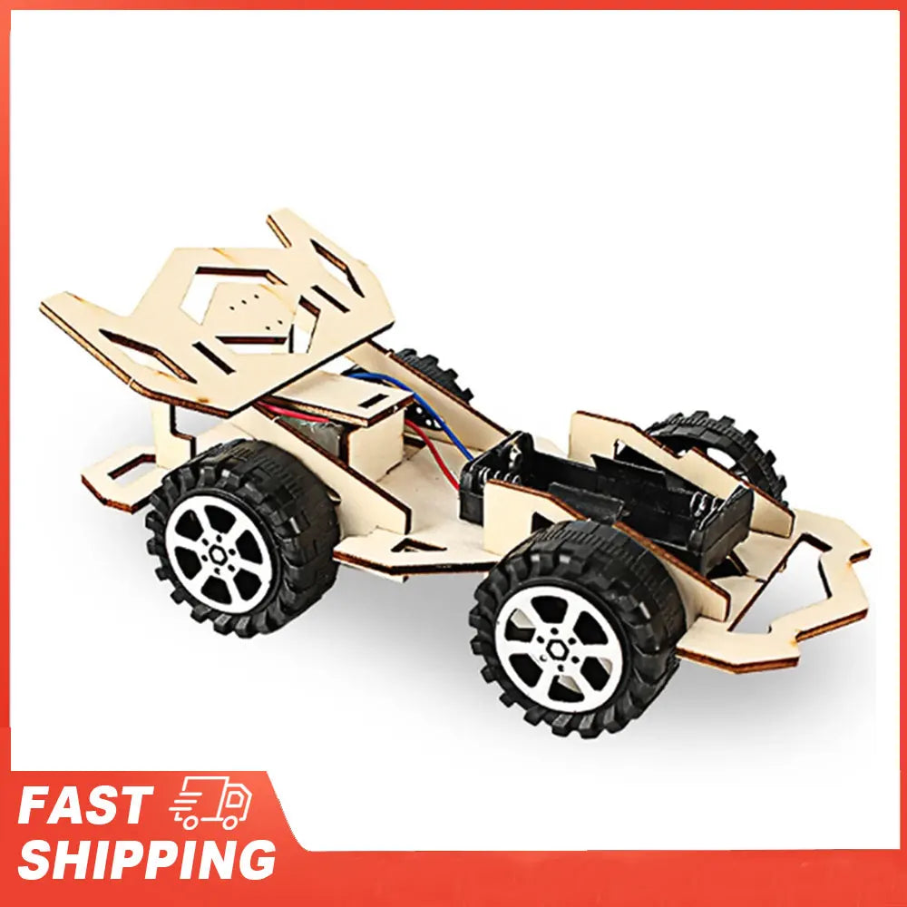 Wood Racing Car DIY Kids Toy Model Building Kits Electric Wooden