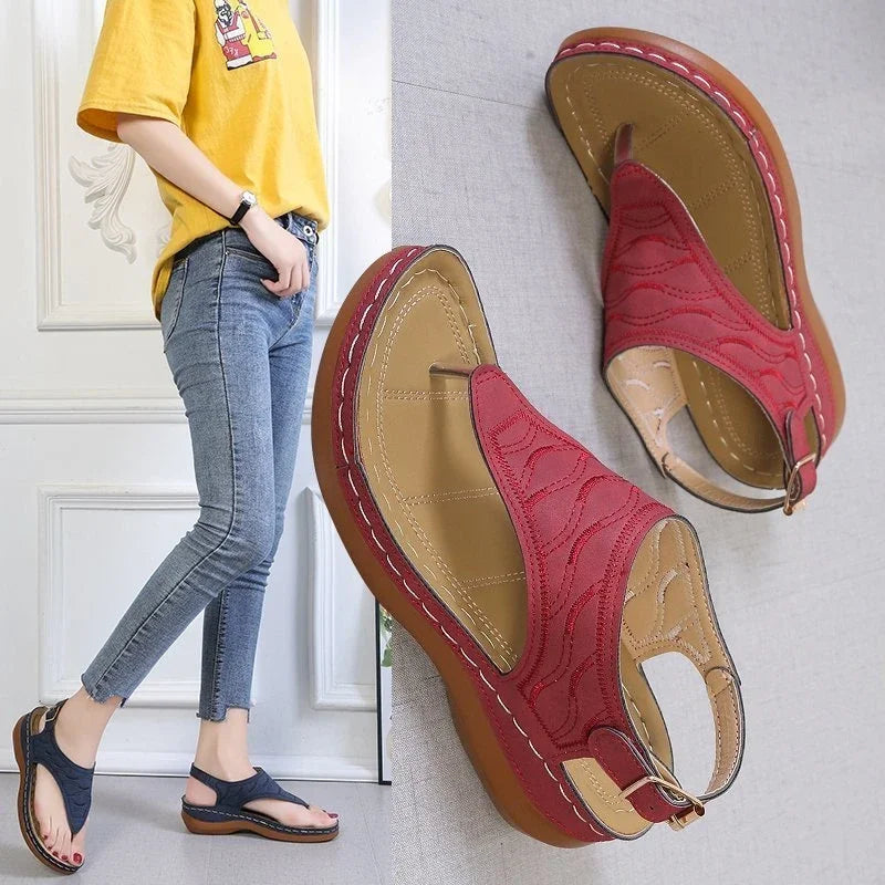 Women's PU Leather Flat Sandals – Buckle Strap Roman Slides